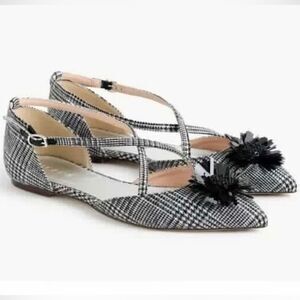 J. Crew Sadie Audrey Black White Plaid Tweed Crisscross Embellished Ballet Flats